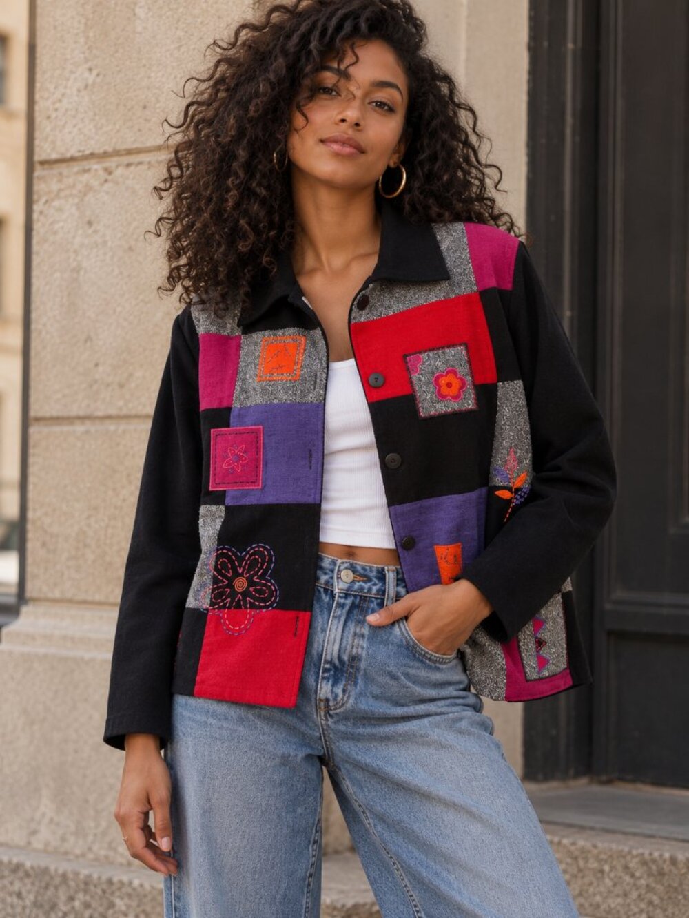 Vintage KORET Patchwork Embroidered Jacket 90s Streetwear Artsy Retro Chic S